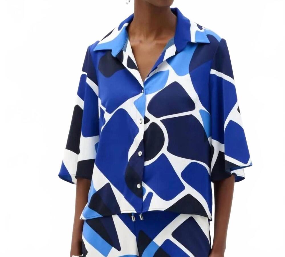 NEW JOSEPH RIBKOFF geometric print blouse in vanilla/blue